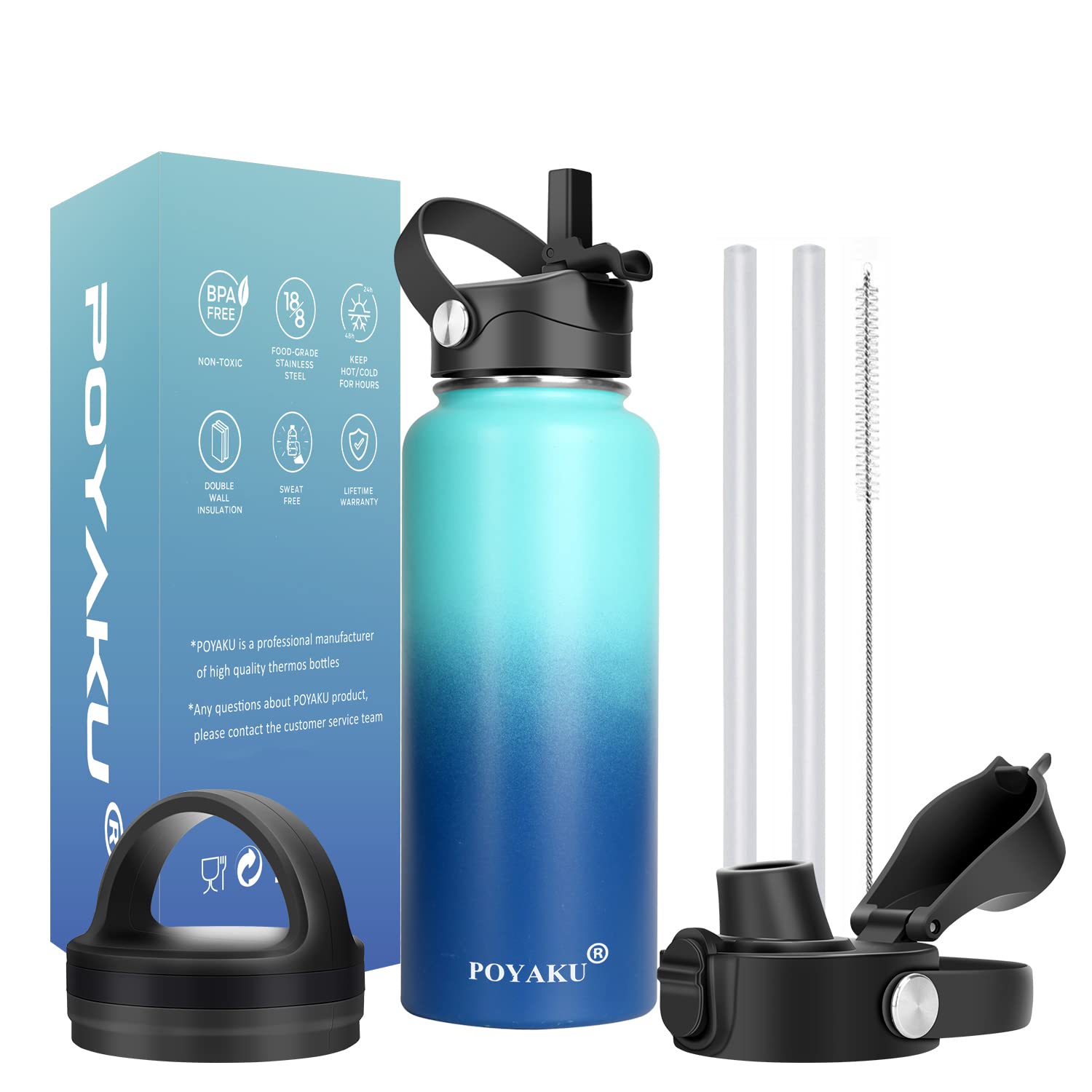 Water Bottle Insulated 32oz 40oz 64oz 128oz Straw Lid Spout Lid & 3 Lids, Leak Proof, Vacuum Insulated,Stainless Steel Water Bottle Wide Mouth for Sports, Gym or Office