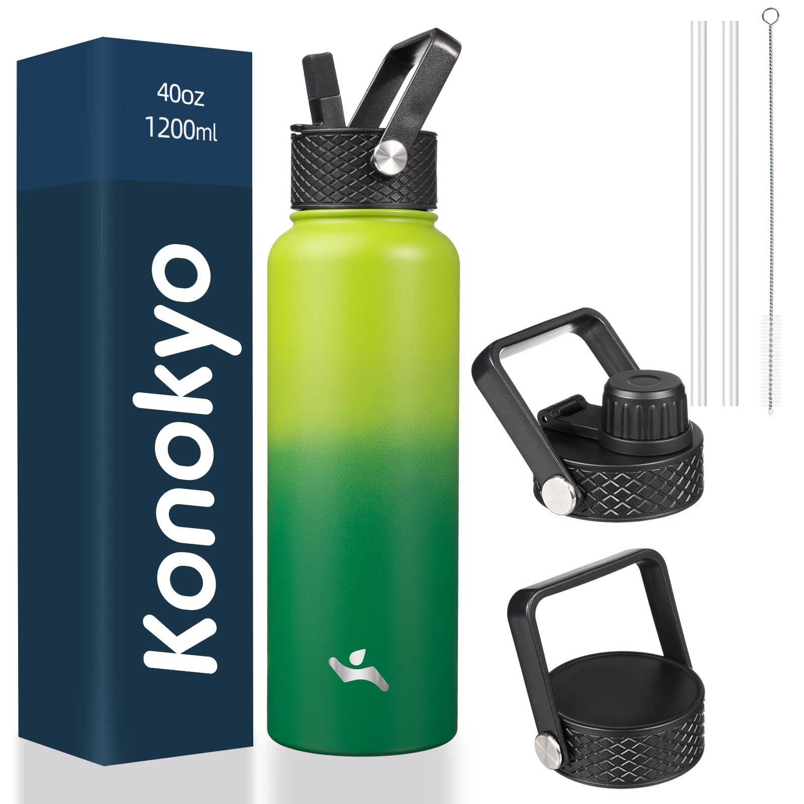 18 oz Insulated Water Bottle Stainless Steel Sport Bottles with 3 Lids,Mint