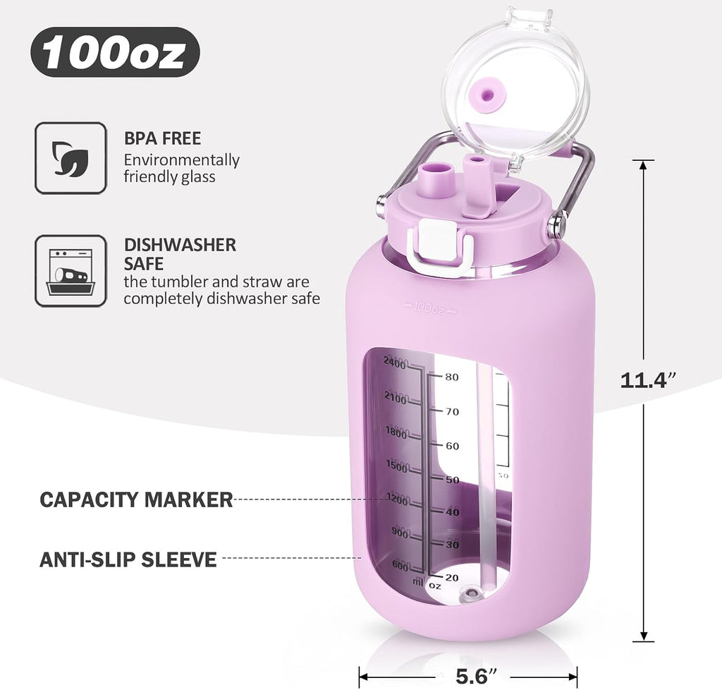MUKOKO 100oz Glass Water Bottle with Time Marker and Silicone Sleeve 3L Large Water Jug with Stainless Steel Handle Gallon Drinking Bottle with 2-in-1 Lid Wide Mouth BPA Free, Purple