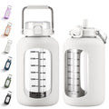 MUKOKO 100oz Glass Water Bottle with Time Marker and Silicone Sleeve 3L Large Water Jug with Stainless Steel Handle Gallon Drinking Bottle with 2-in-1 Lid Wide Mouth BPA Free, Purple