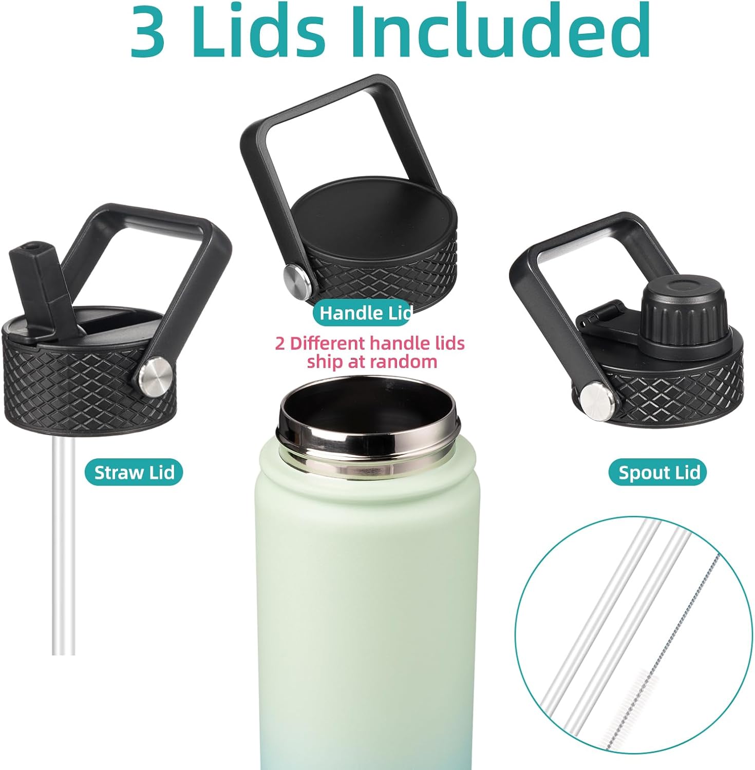 18 oz Insulated Water Bottle Stainless Steel Sport Bottles with 3 Lids,Mint