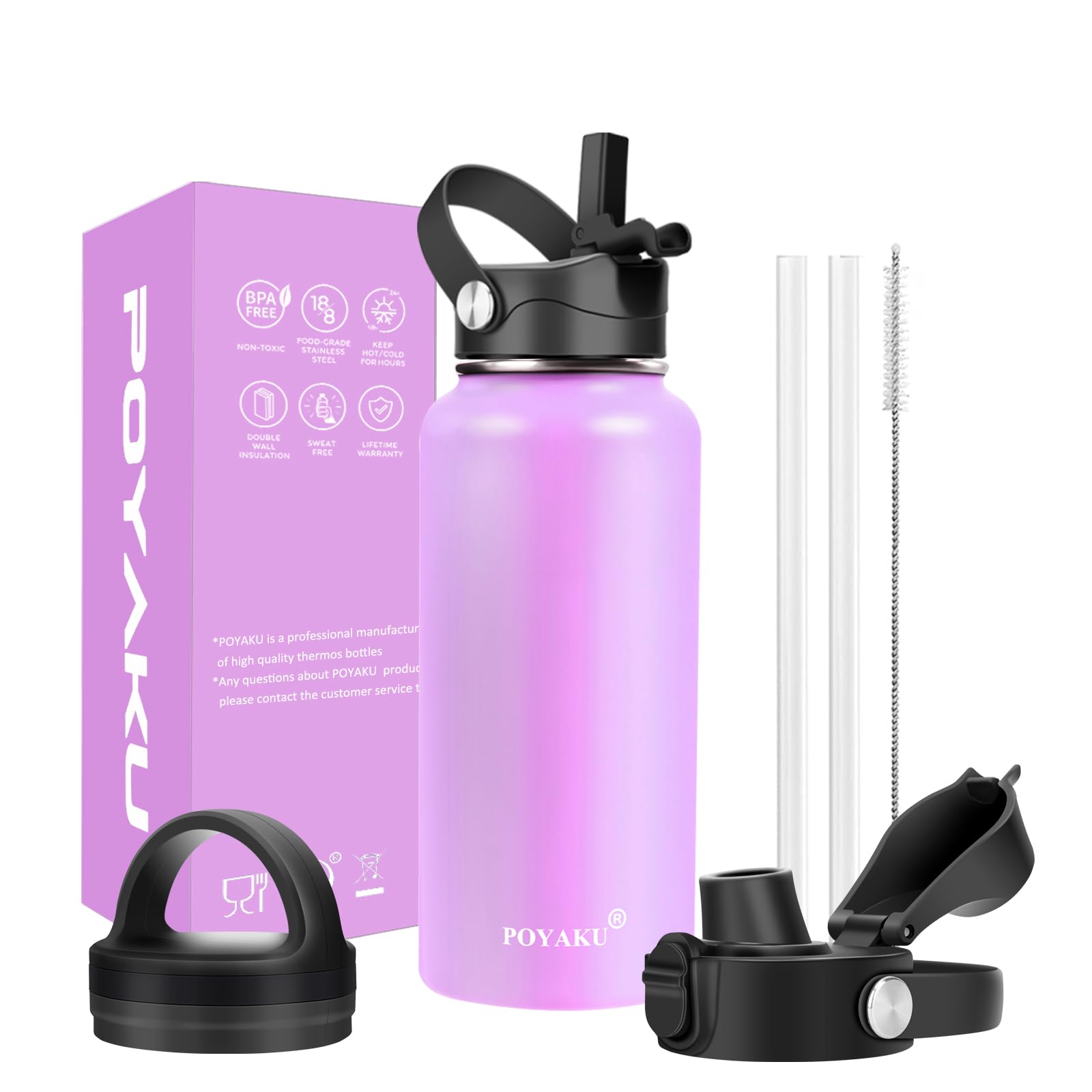 Water Bottle Insulated 32oz 40oz 64oz 128oz Straw Lid Spout Lid & 3 Lids, Leak Proof, Vacuum Insulated,Stainless Steel Water Bottle Wide Mouth for Sports, Gym or Office