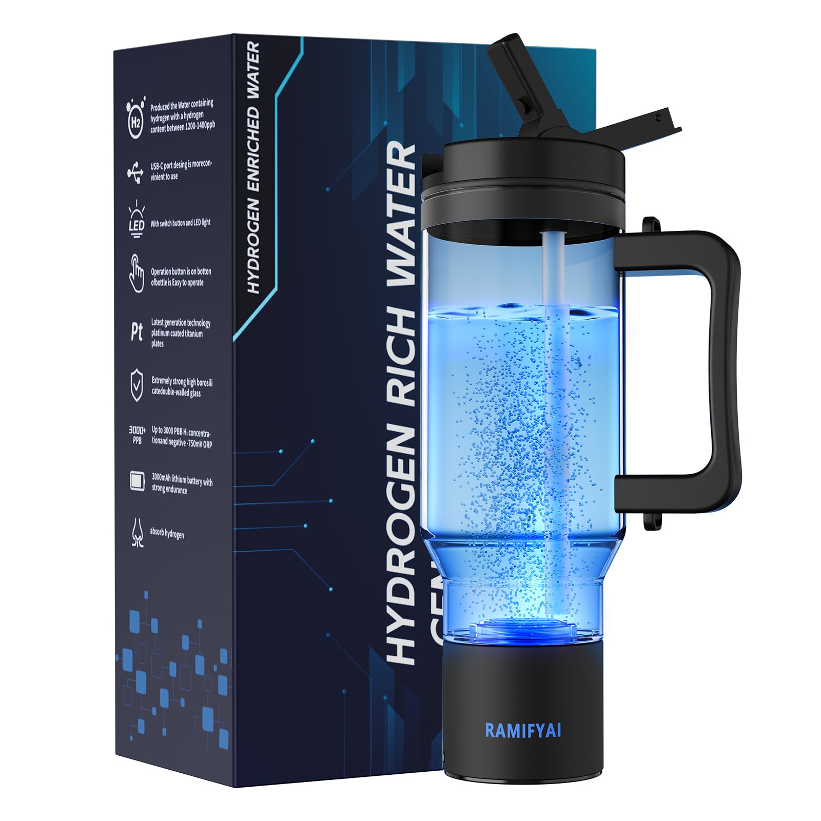 New Upgrade 10000PPB Hydrogen Water Bottle SPE/PEM Technology Seven Colorful Light Double Anti-Slip and Leak-Proof Hydrogen Water Generator with LCD Display (H80 Purple)