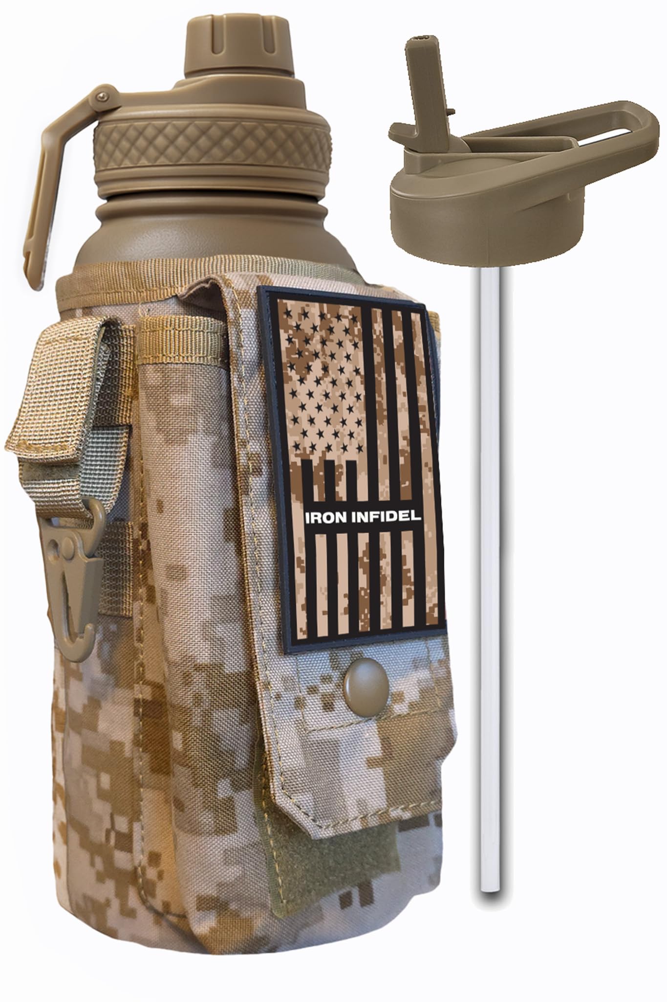 Iron Infidel Battle Bottle - Half Gallon Insulated Stainless Steel Water Jug with Handle - Gym Bottle for Men with Rugged Sleeve (Overland 2 Liter)