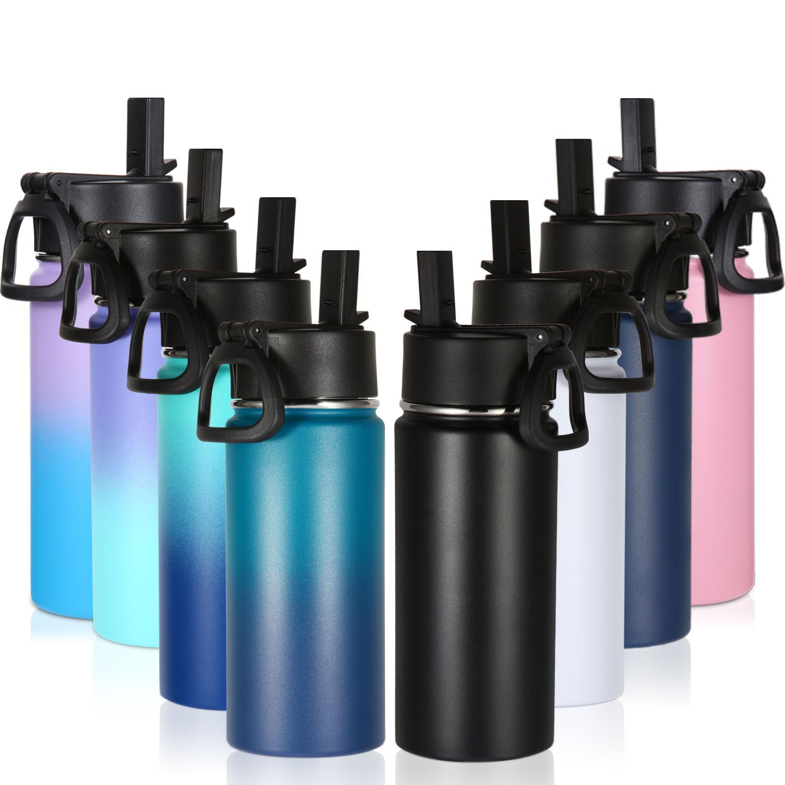 Volhoply 16 OZ Kids Water Bottle Bulk 8 Pack,Insulated Sports Bottles with Straw Lid,Stainless Steel Bottle with Handle Keep Cold & Hot,Double Wall Vacuum Tumbler Cups for School(Assorted, 8)