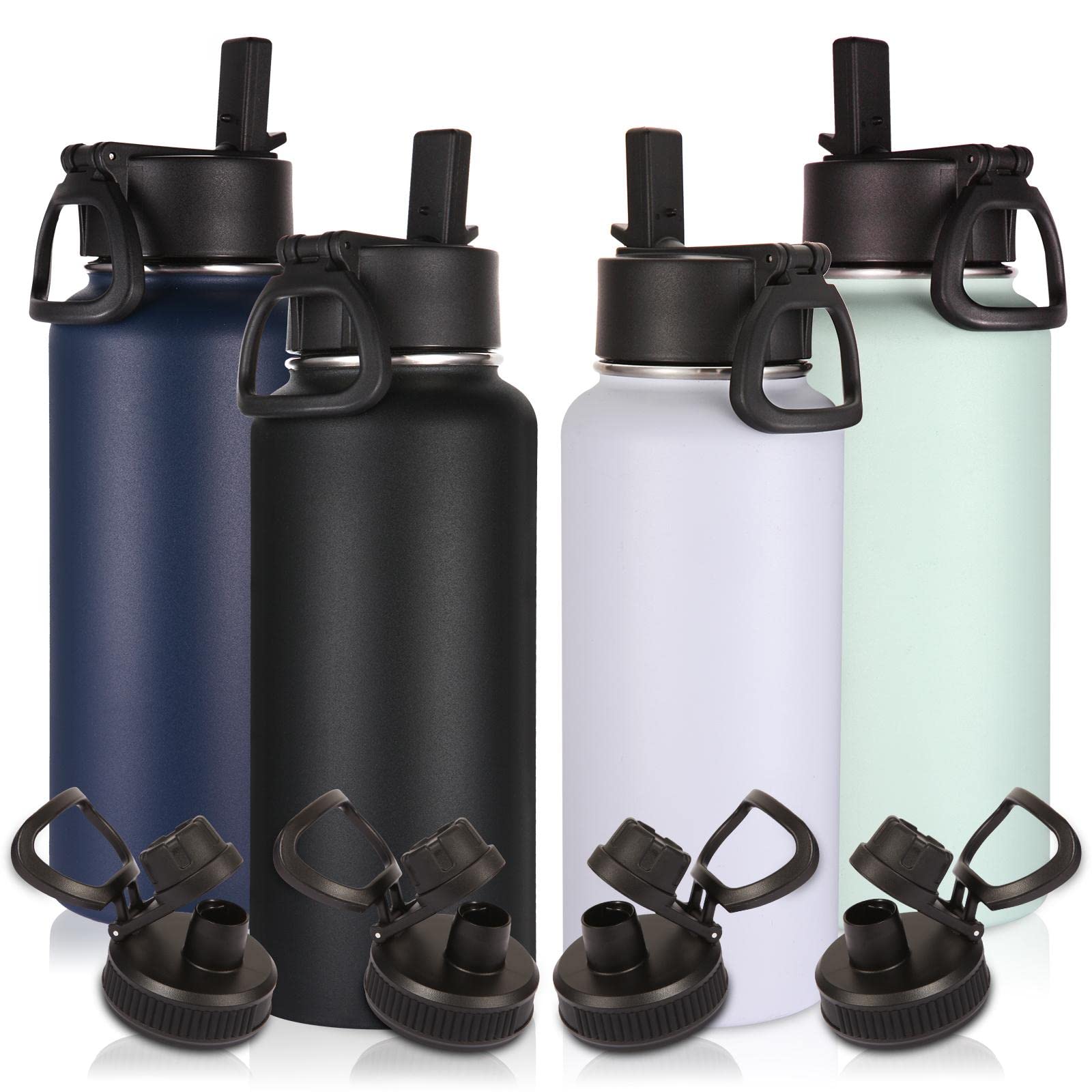 Volhoply 32 oz Insulated Water Bottles Bulk 8 Pack with Straw Lid & Spout Lid,Stainless Steel Sports Water Bottle,Double Wall Vacuum Cups,Leakproof Wide Mouth Metal Flask for Hiking,Camping(Mix,8)