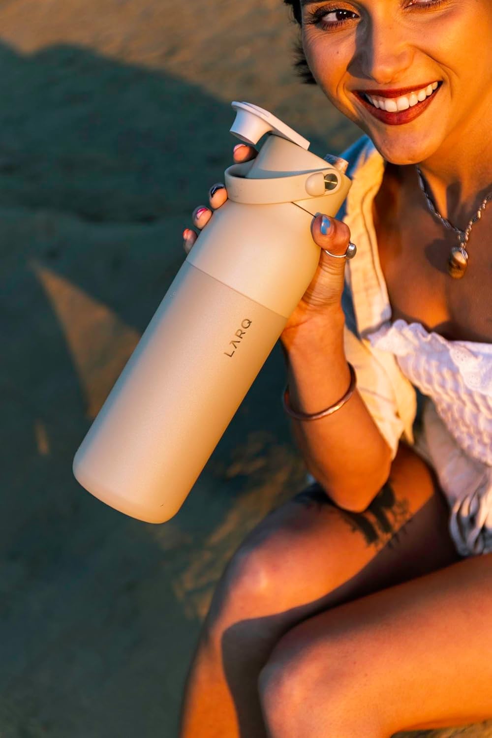 LARQ Twice as Nice Set Bottle Swig Top 34oz - Insulated Stainless Steel Water Bottle With Built-In Silicone Handle, Mojave Dune & Obsidian Black