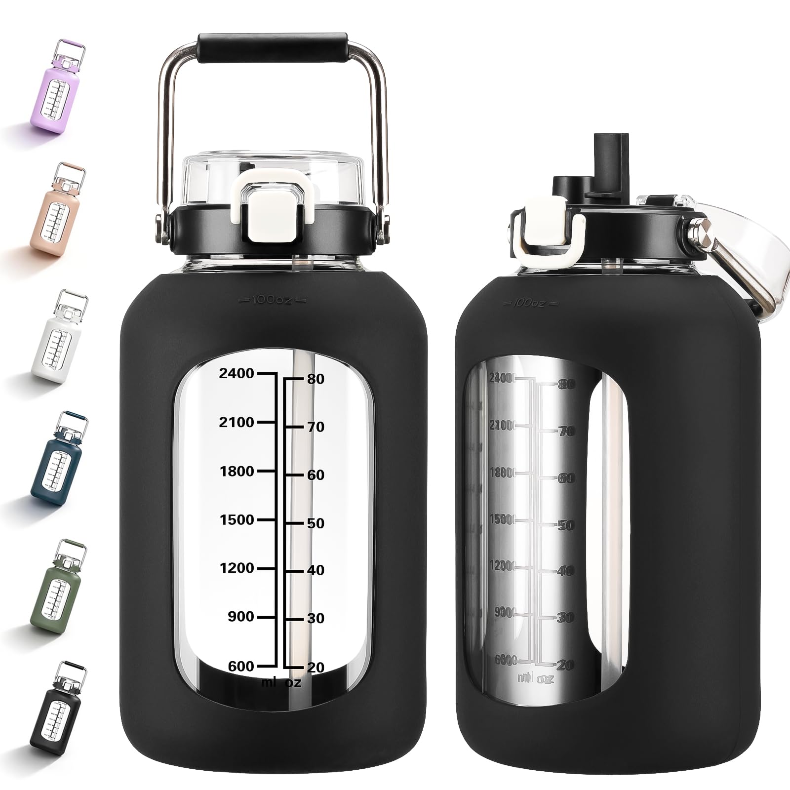 MUKOKO 100oz Glass Water Bottle with Time Marker and Silicone Sleeve 3L Large Water Jug with Stainless Steel Handle Gallon Drinking Bottle with 2-in-1 Lid Wide Mouth BPA Free, Purple