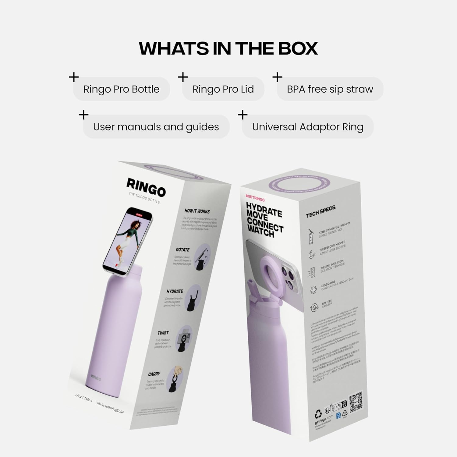 Ringo PRO Water Bottle with Magnetic Phone Mount & Sip Straw Lid - Insulated Stainless Steel Bottle for Workouts, Content Creation, Navigation & Facetime on the Go, 12Hrs Hot/24Hrs Cold Lilac-24oz