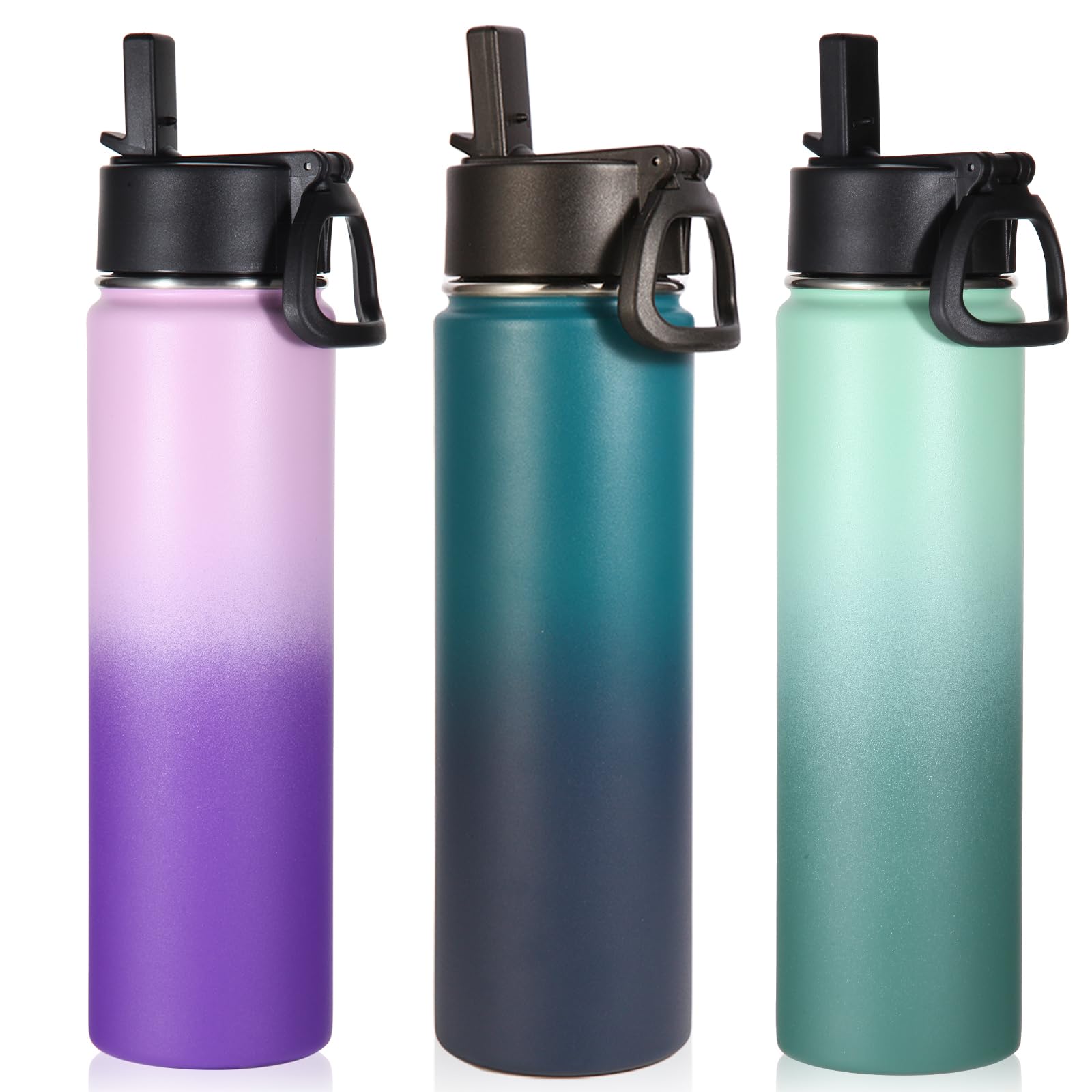 Volhoply 24oz Insulated Water Bottle With Straw Bulk 8 Pack,Metal Wide Mouth Water Bottles With Handle Lid Keep Cold,Reusable Double Wall Cups,Powder Coated Sport Bottle For Holder(silver,8 count)