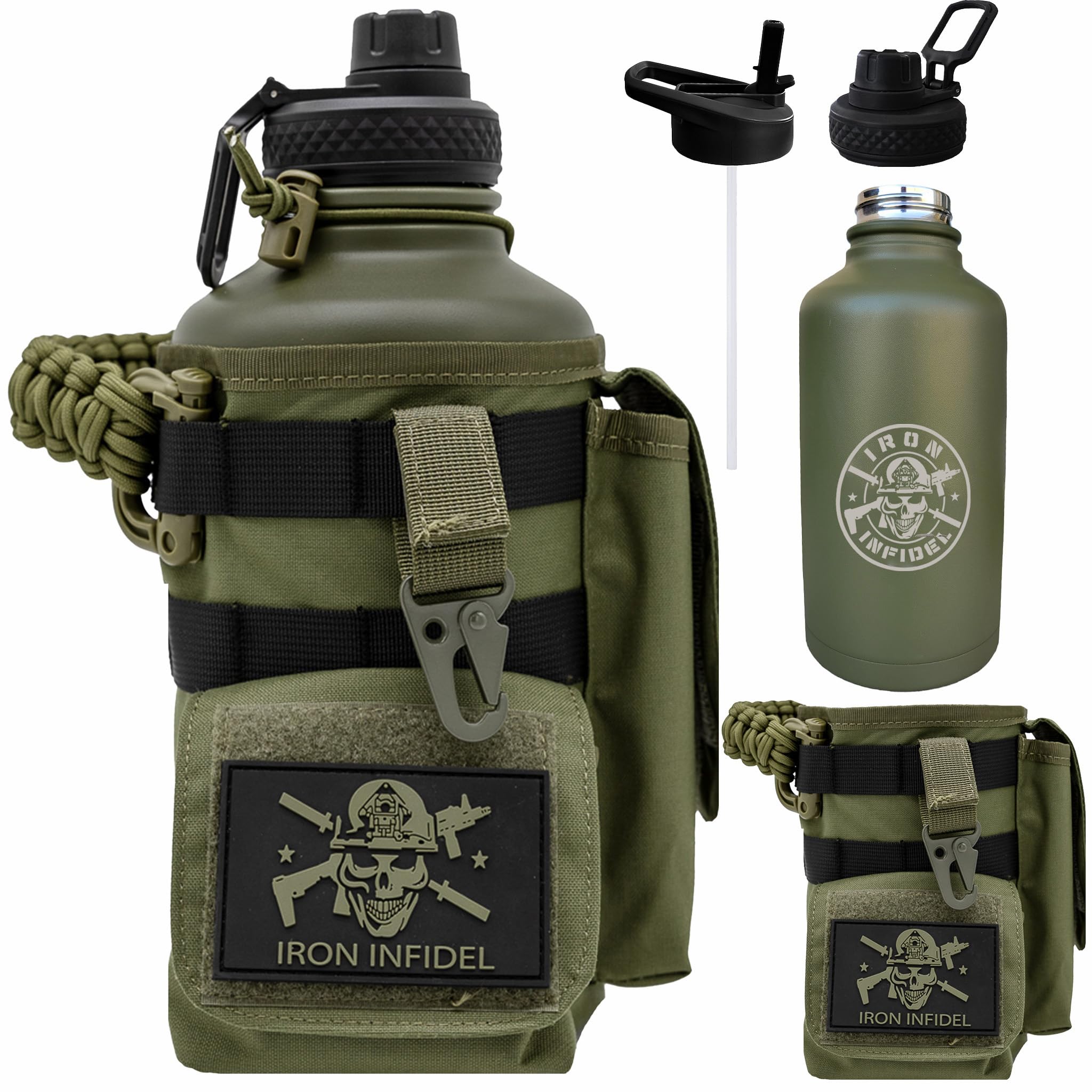 Iron Infidel Battle Bottle - Half Gallon Insulated Stainless Steel Water Jug with Handle - Gym Bottle for Men with Rugged Sleeve (Overland 2 Liter)