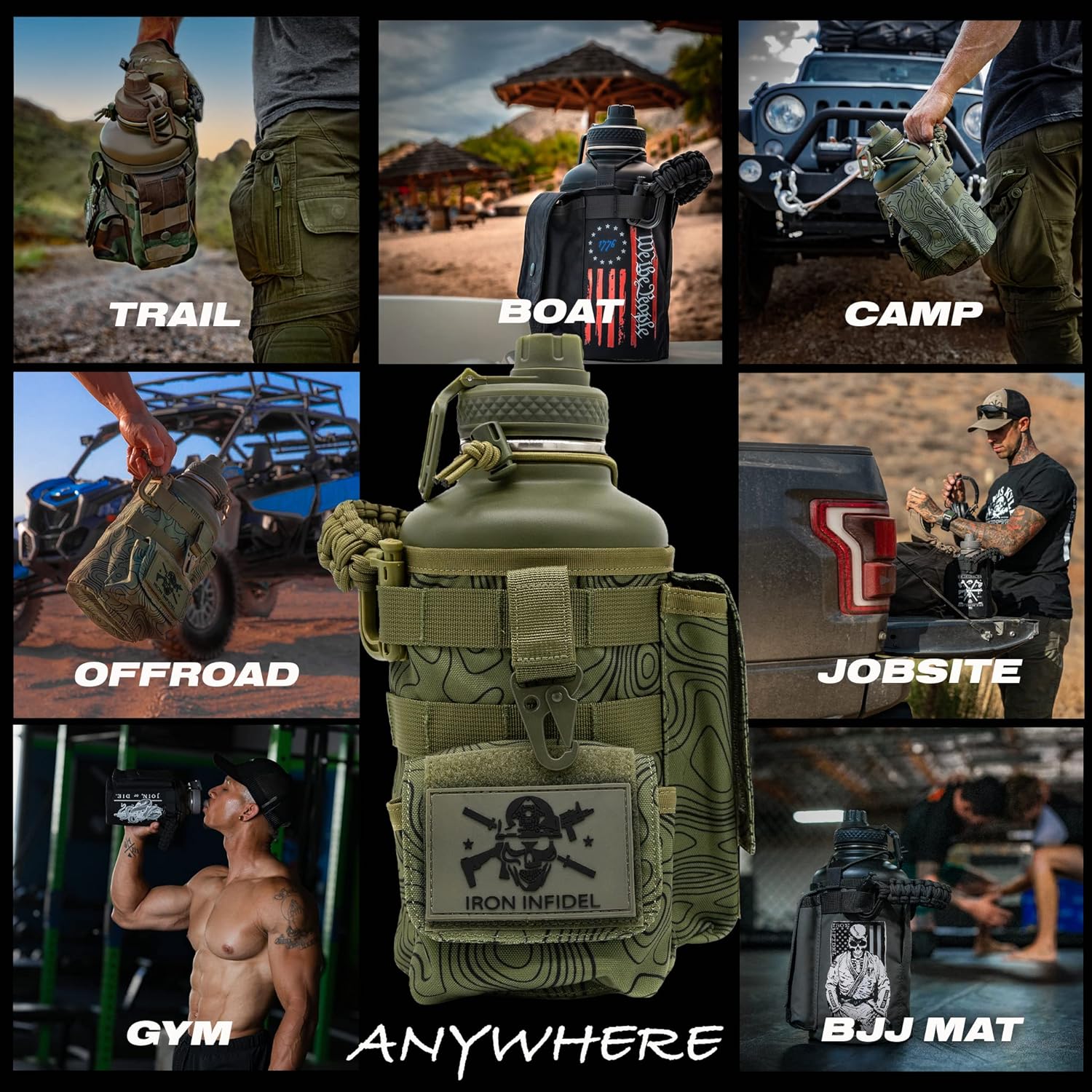 Iron Infidel Battle Bottle - Half Gallon Insulated Stainless Steel Water Jug with Handle - Gym Bottle for Men with Rugged Sleeve (Overland 2 Liter)