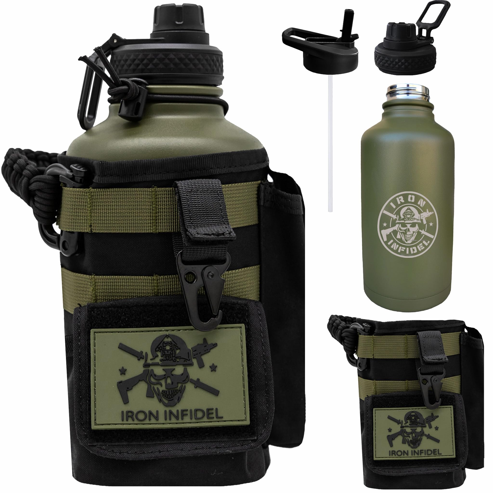 Iron Infidel Battle Bottle - Half Gallon Insulated Stainless Steel Water Jug with Handle - Gym Bottle for Men with Rugged Sleeve (Overland 2 Liter)
