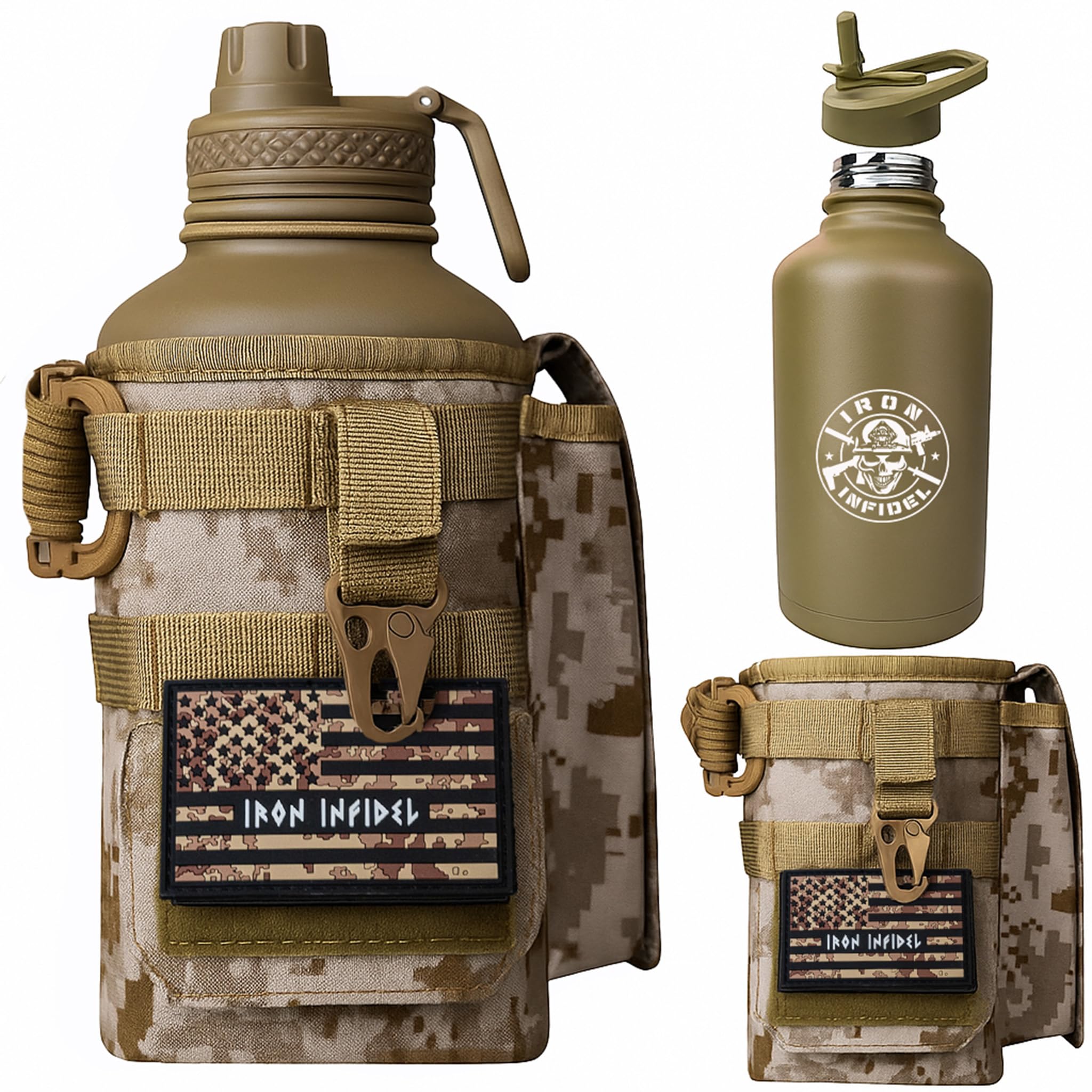 Iron Infidel Battle Bottle - Half Gallon Insulated Stainless Steel Water Jug with Handle - Gym Bottle for Men with Rugged Sleeve (Overland 2 Liter)