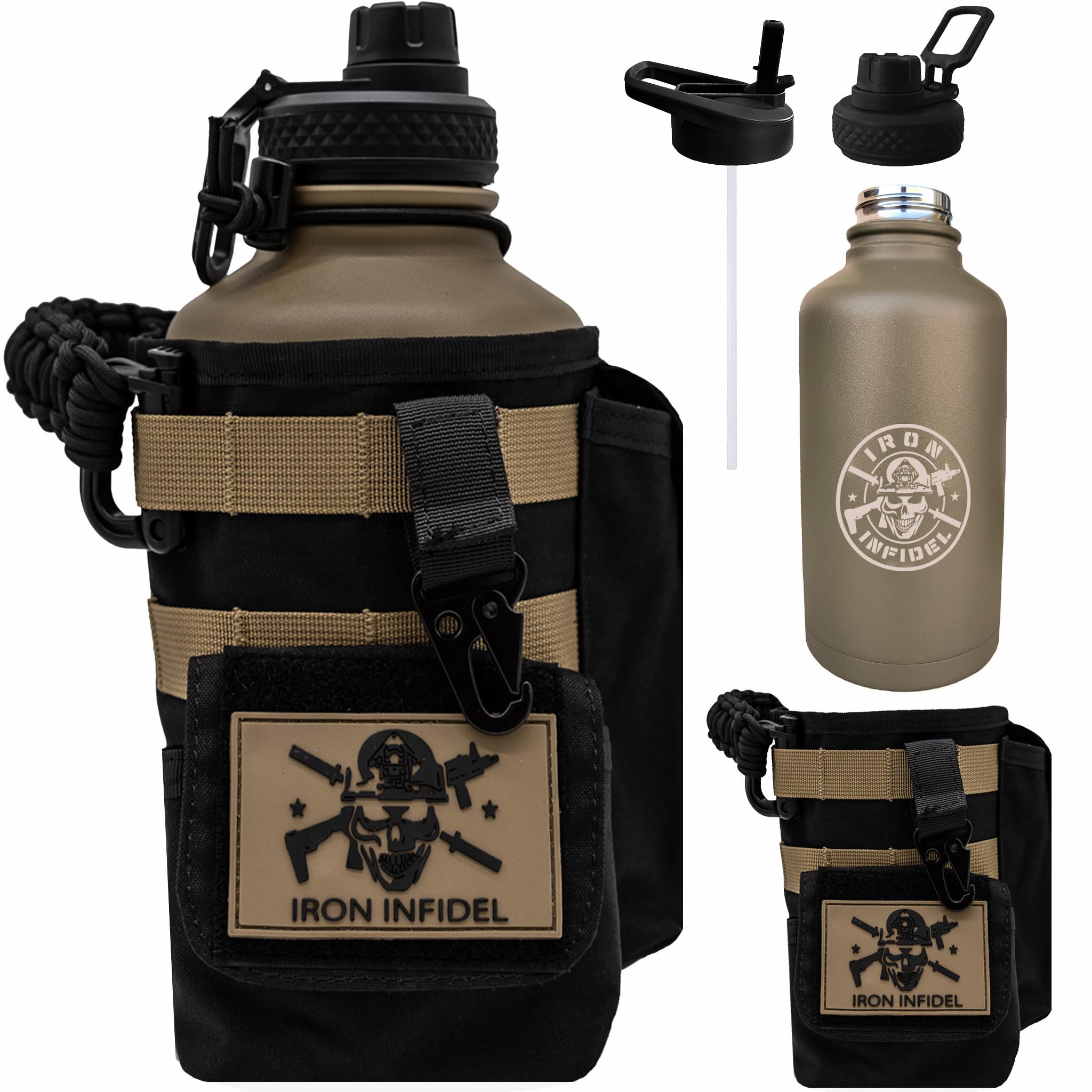 Iron Infidel Battle Bottle - Half Gallon Insulated Stainless Steel Water Jug with Handle - Gym Bottle for Men with Rugged Sleeve (Overland 2 Liter)