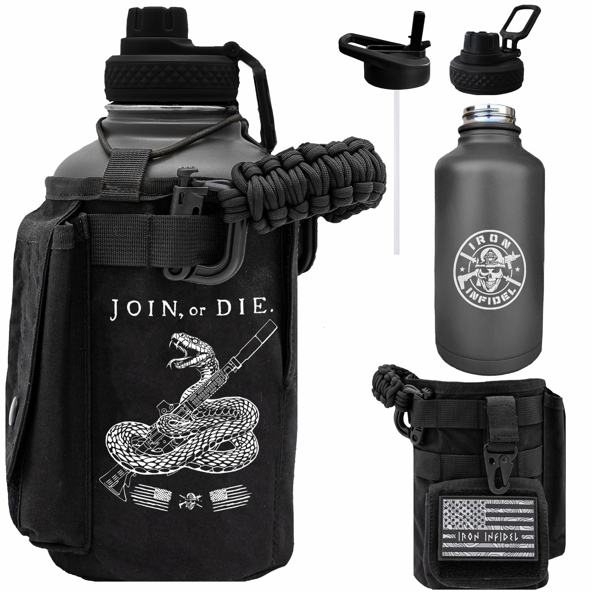 Iron Infidel Battle Bottle - Half Gallon Insulated Stainless Steel Water Jug with Handle - Gym Bottle for Men with Rugged Sleeve (Overland 2 Liter)