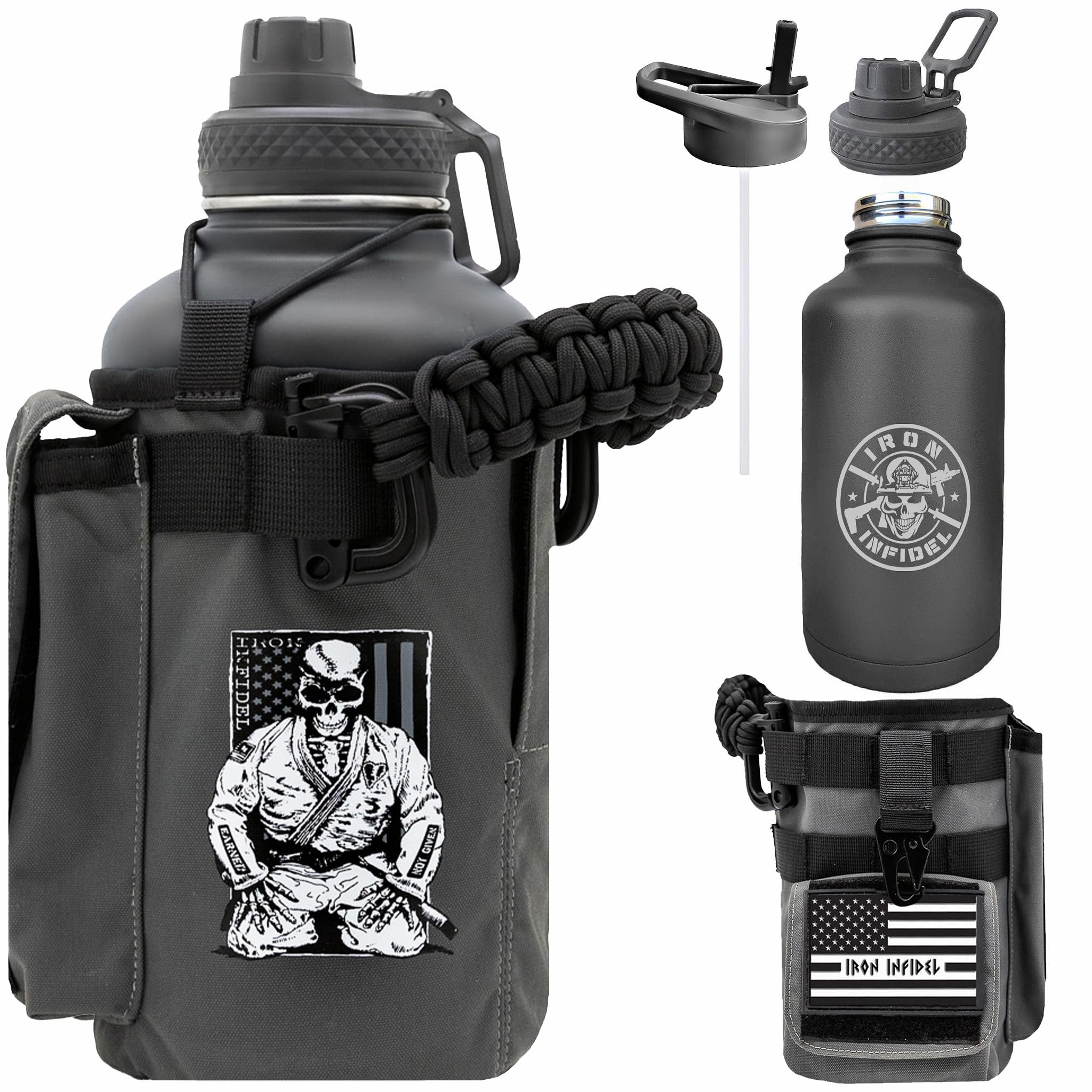 Iron Infidel Battle Bottle - Half Gallon Insulated Stainless Steel Water Jug with Handle - Gym Bottle for Men with Rugged Sleeve (Overland 2 Liter)