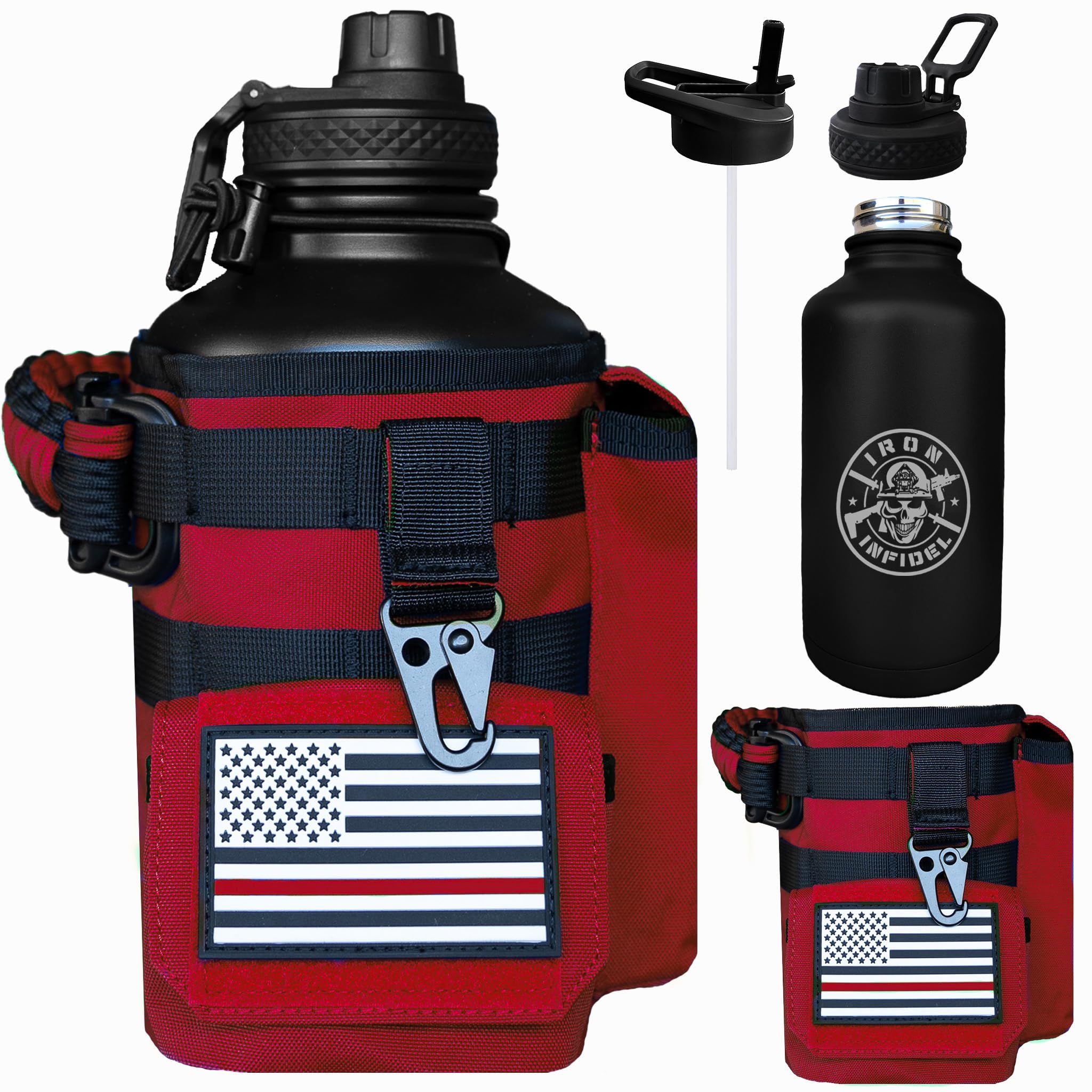 Iron Infidel Battle Bottle - Half Gallon Insulated Stainless Steel Water Jug with Handle - Gym Bottle for Men with Rugged Sleeve (Overland 2 Liter)