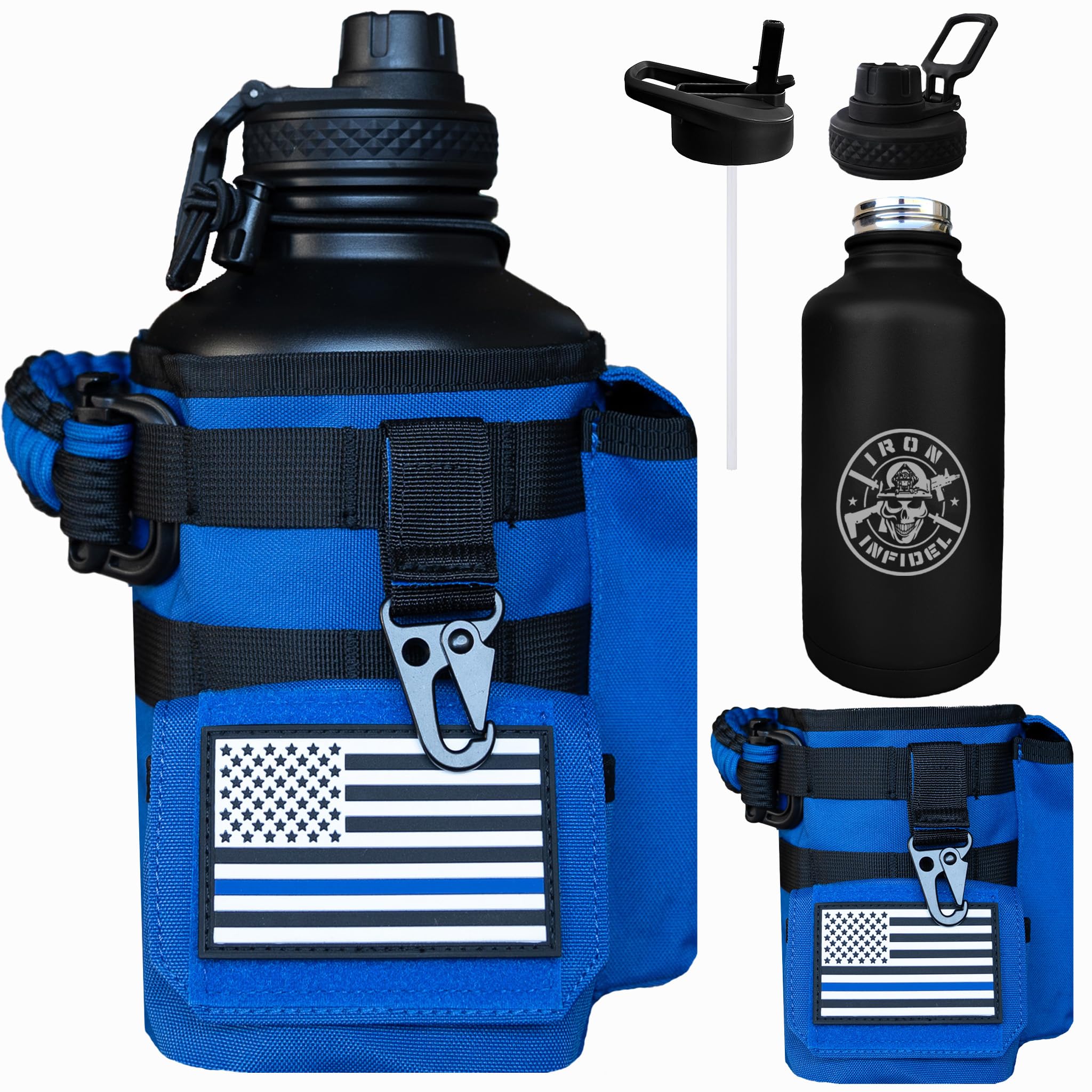 Iron Infidel Battle Bottle - Half Gallon Insulated Stainless Steel Water Jug with Handle - Gym Bottle for Men with Rugged Sleeve (Overland 2 Liter)