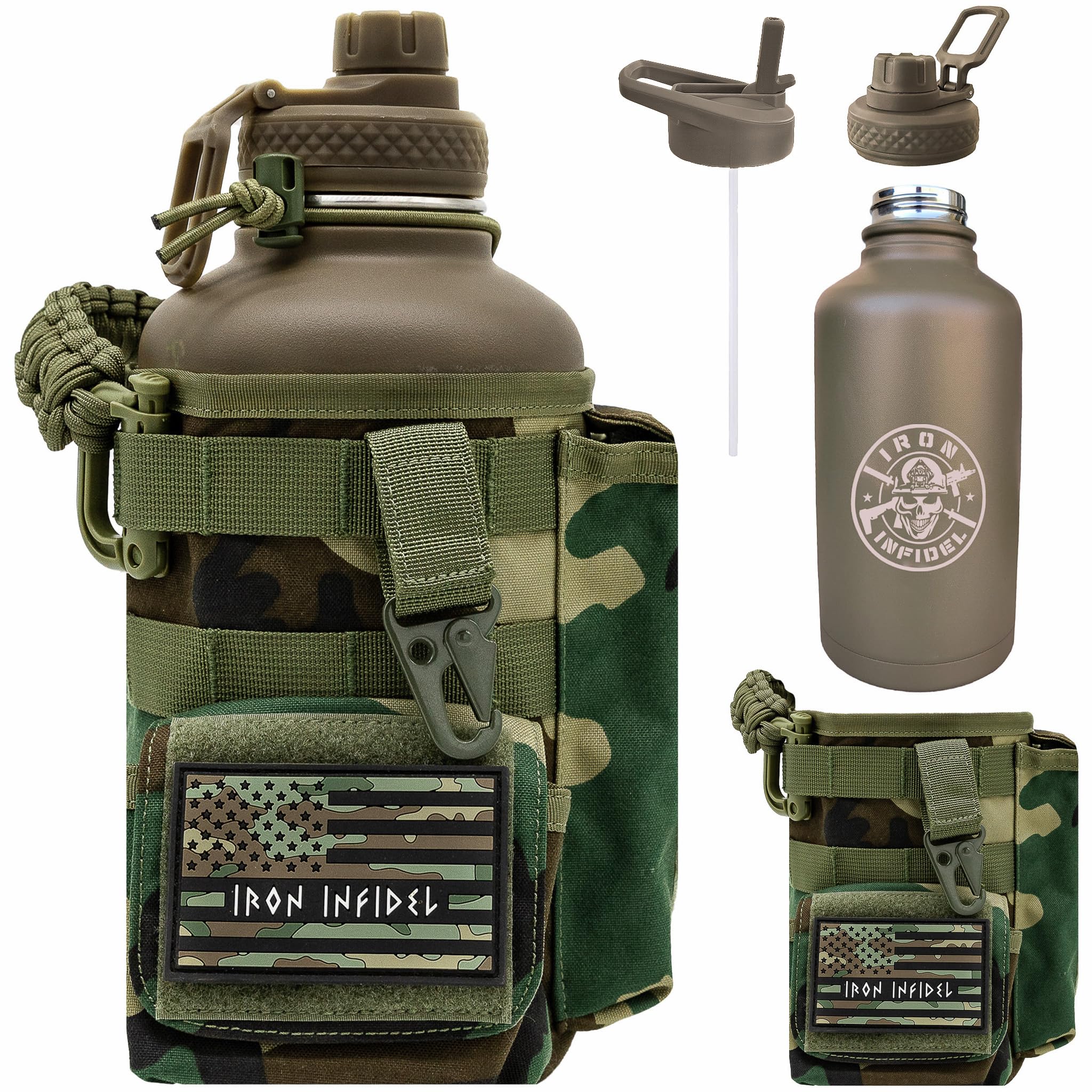 Iron Infidel Battle Bottle - Half Gallon Insulated Stainless Steel Water Jug with Handle - Gym Bottle for Men with Rugged Sleeve (Overland 2 Liter)