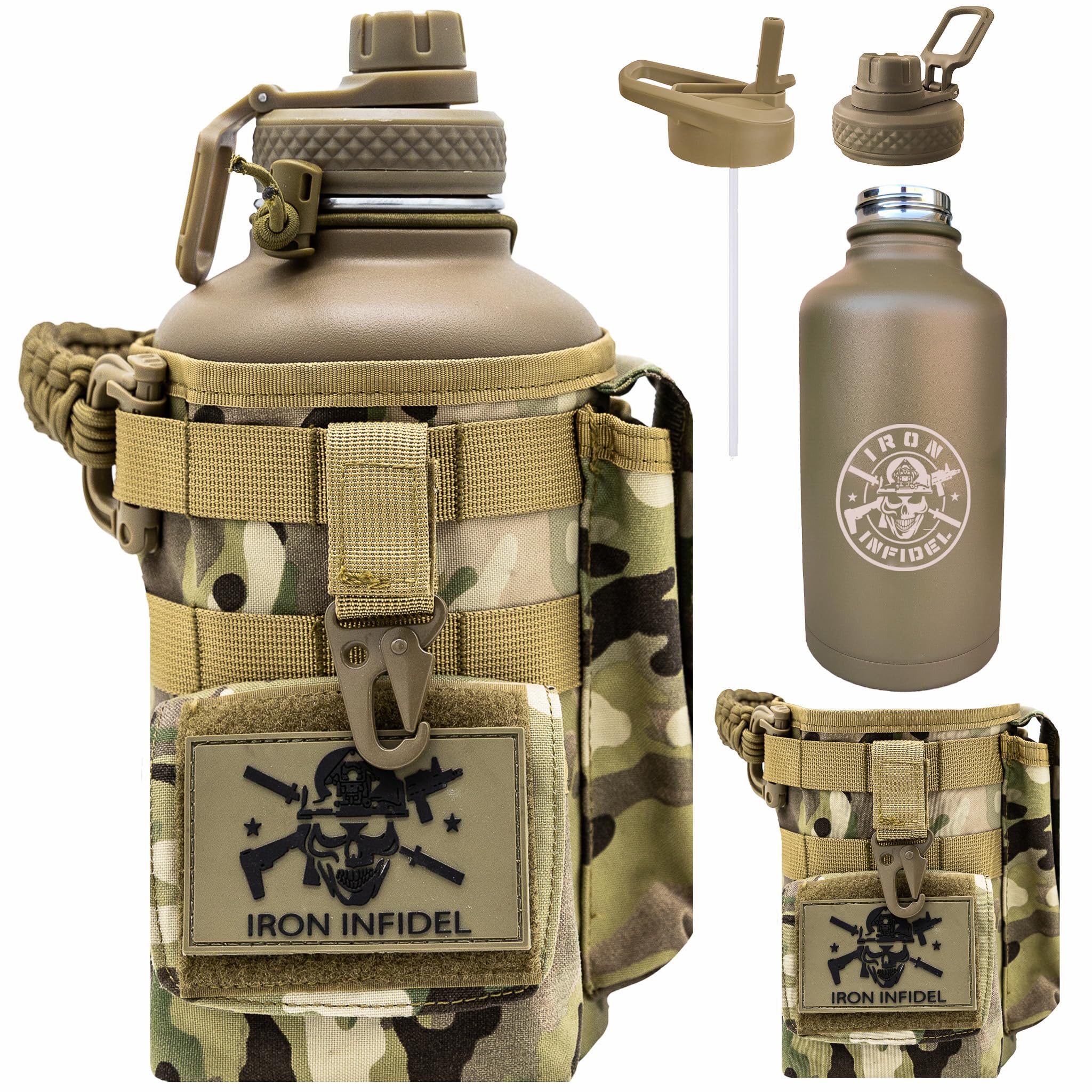 Iron Infidel Battle Bottle - Half Gallon Insulated Stainless Steel Water Jug with Handle - Gym Bottle for Men with Rugged Sleeve (Overland 2 Liter)